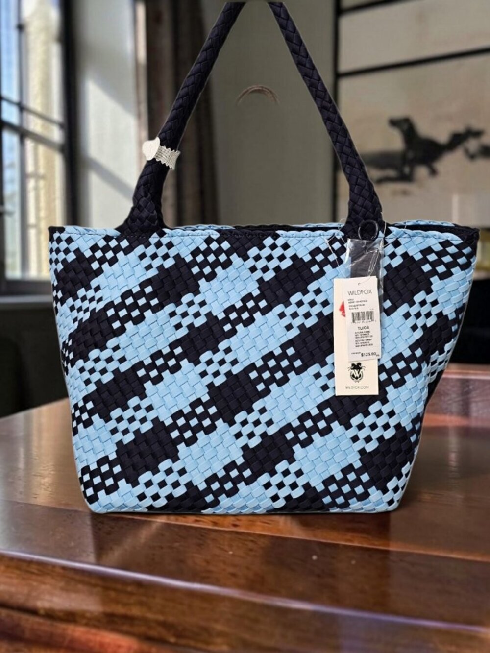 Wildfox Woven Tote New Checkered Large Double Handle Shoulder Bag Blue Navy